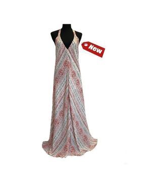 OLIVACEOUS White multicoloured halter low back maxi dress Sz S NWT